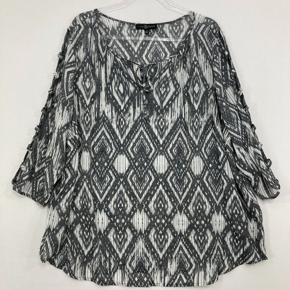 Fred David size 2X Gray White Geometric Soft Tie‎ Front Relaxed Blouse